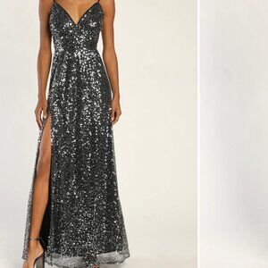 Silver & Black Sequin Maxi Dress, Size XS